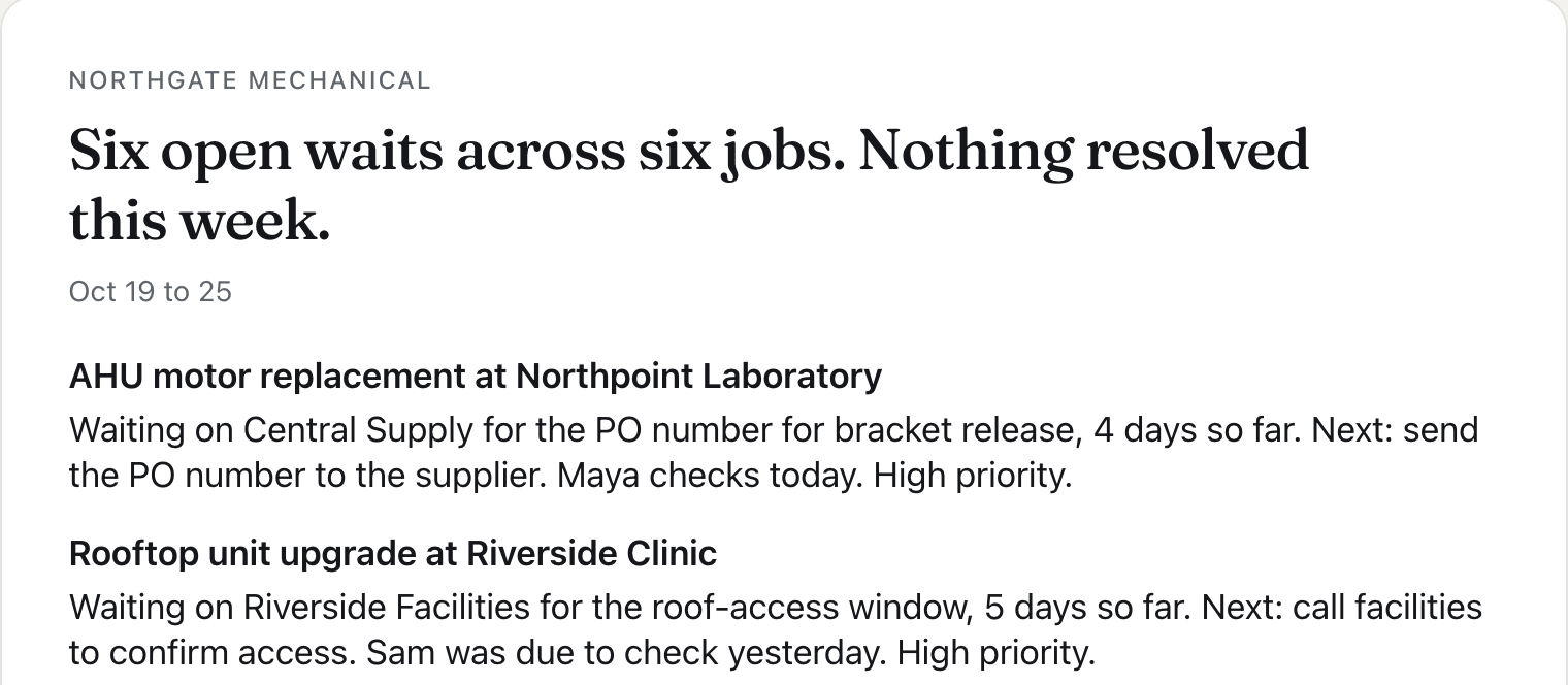 The weekly brief for Northgate Mechanical, Oct 19 to 25: six open waits across six jobs, nothing resolved this week, each job with what it’s waiting on and who checks when.