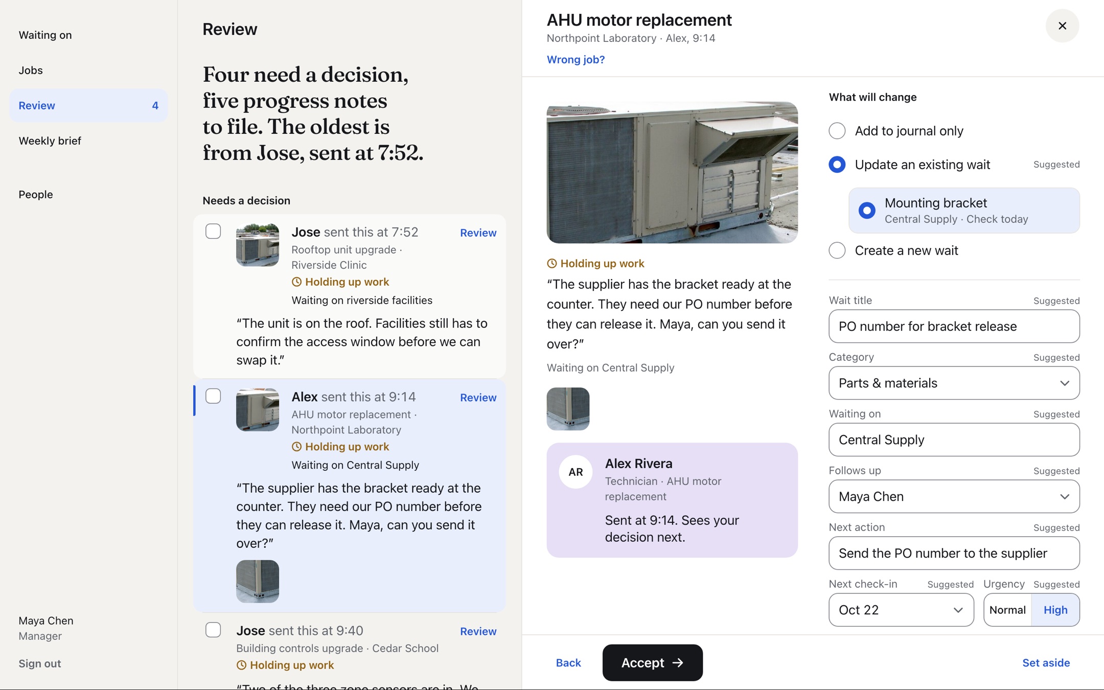 The review panel for Alex’s update: the photo, the note, and the suggested change: update the existing wait Mounting bracket, with the title, category, who follows up and the next action filled in. Accept is the one button.
